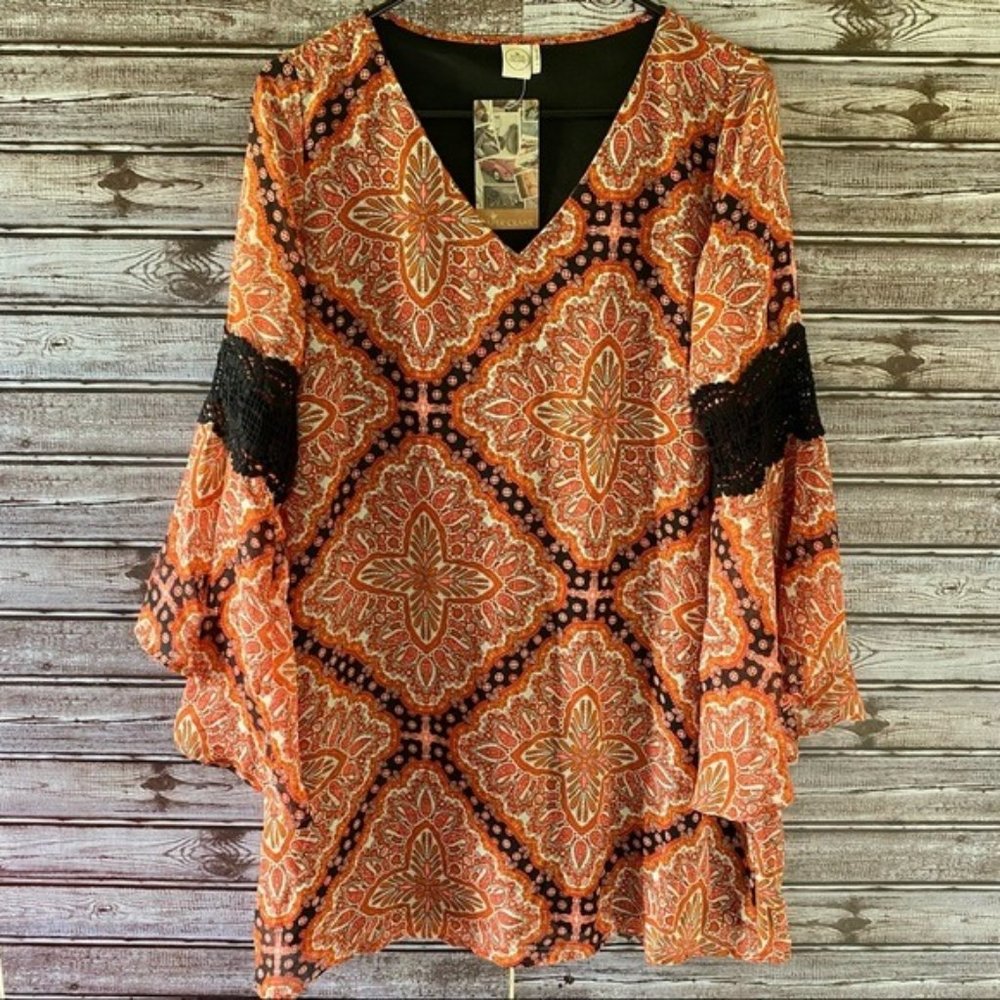 Paper Crane Women'sDress Size S Paisley Print Semi-Sheer Sleeve‎ Crocheted NWT